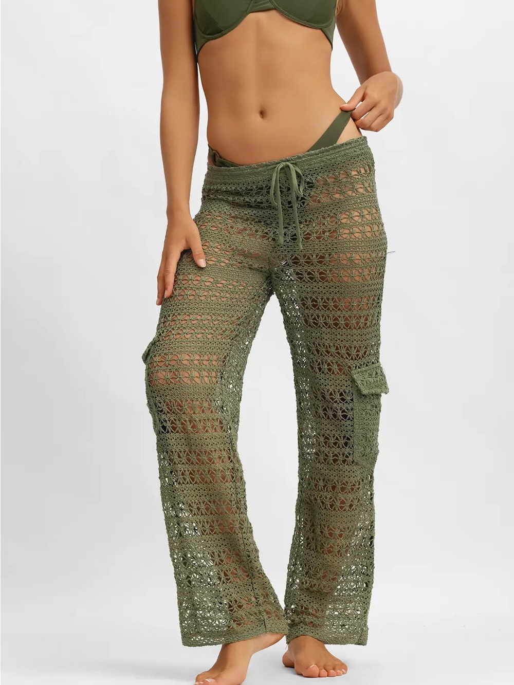 BLACKBOUGH Regina Cargo Knit Lace Pants Swimsuit Cover Basil Smash Green XS